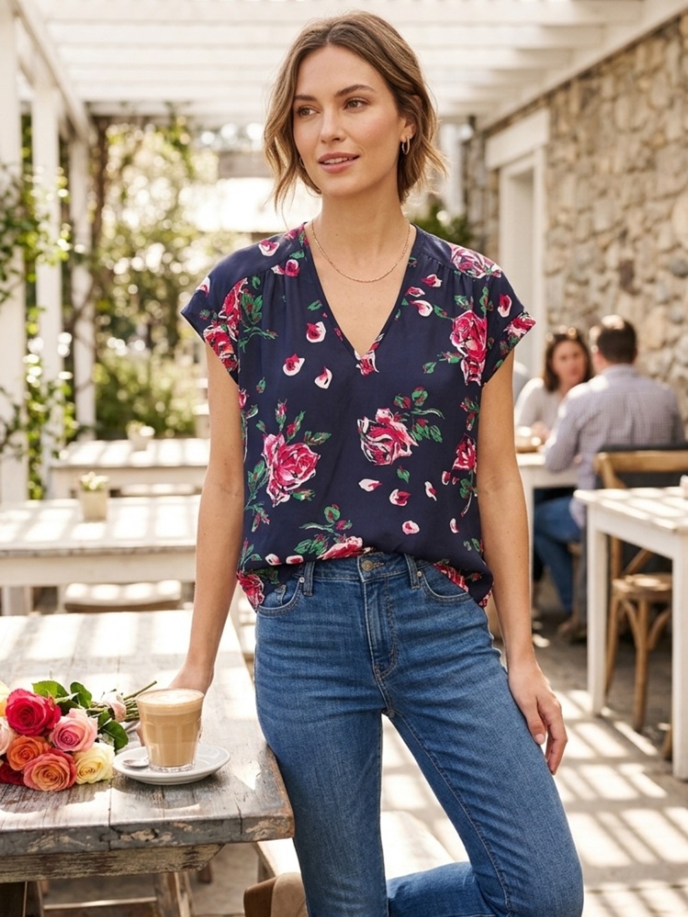 Joie Navy Floral V-Neck Short Sleeve Top